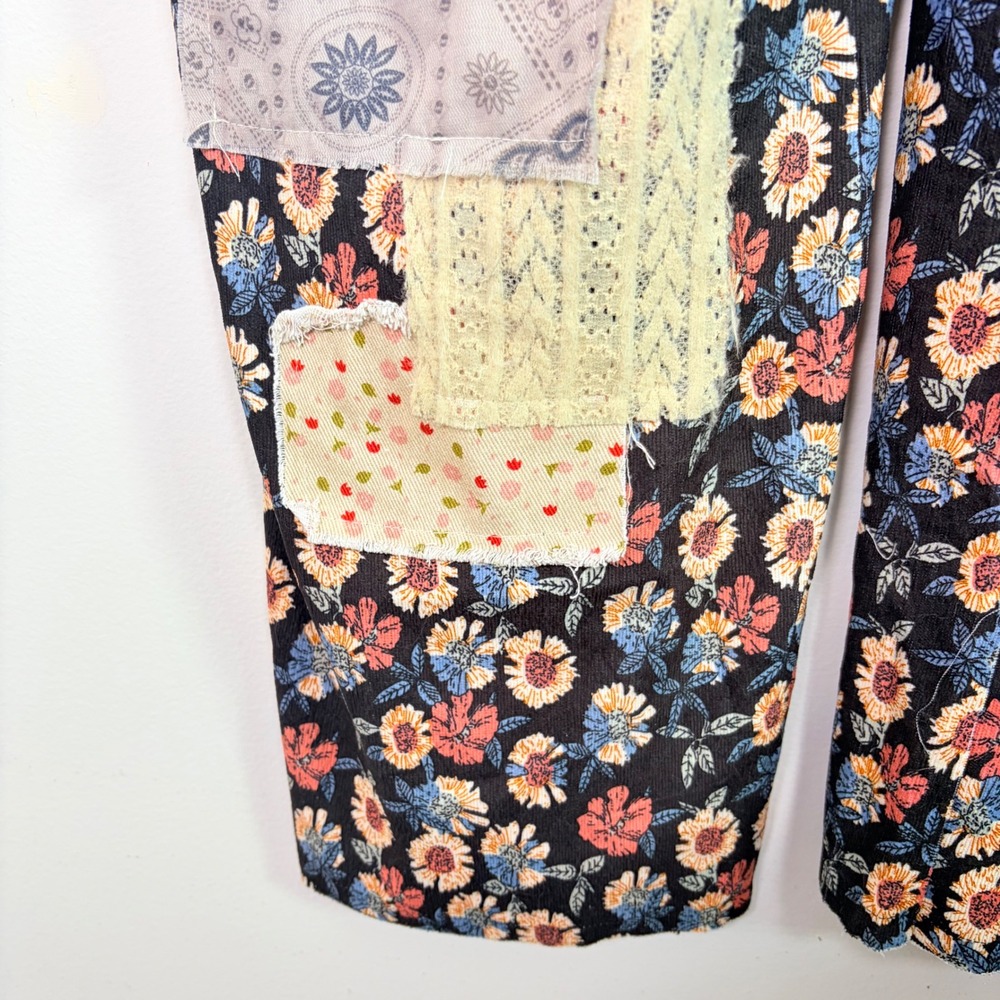 POL Printed Corduroy Patchwork Overalls Mixed Floral Wide Leg Large Boho Hippie - Picture 6 of 13